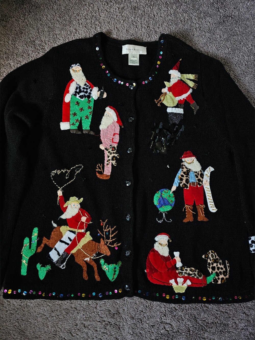 Susan Bristol Cowboy Christmas Embroidered Embellished Cardigan Sweater Sz XL